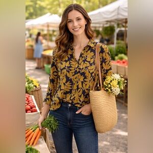 White Stuff Navy Top with Mustard Leaf Print